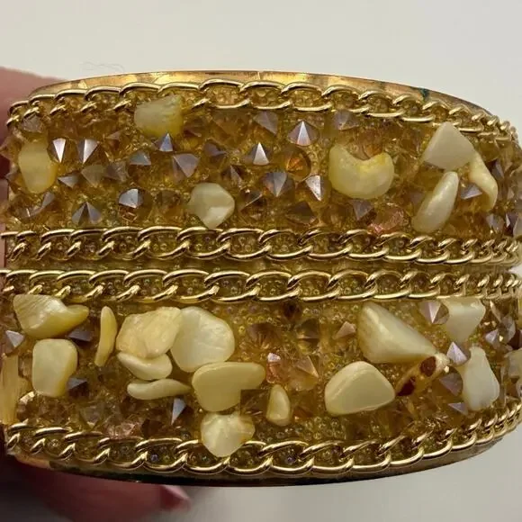 Vintage Gold‑Tone Beaded Bangle • Cream Resin & Amber Rhinestones • 2.75” Diam - Picture 9 of 9